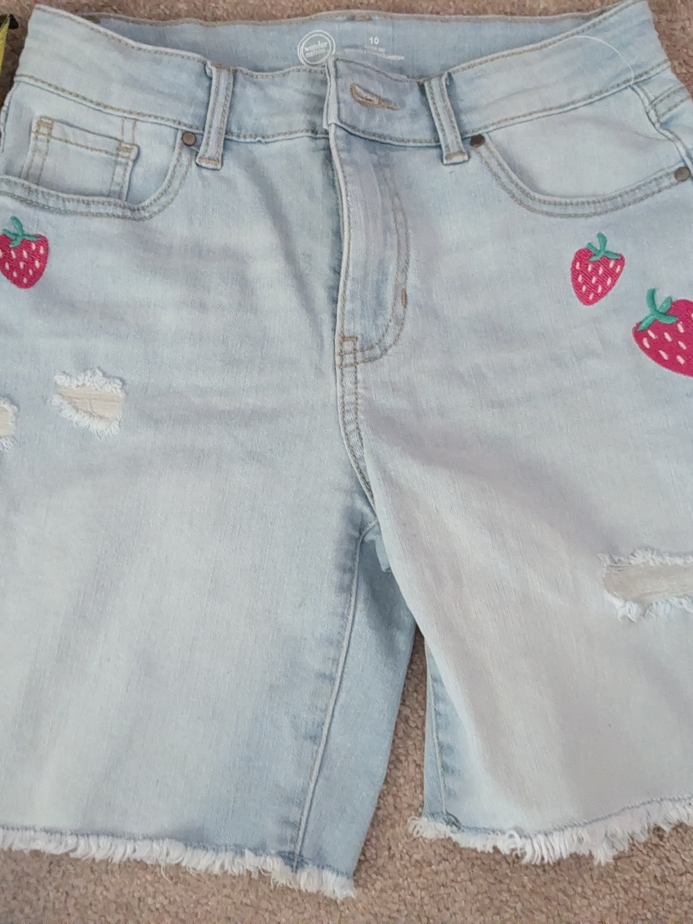 wonder nation Light Wash Strawberry Embroidered Boyfriend Jeans Shorts